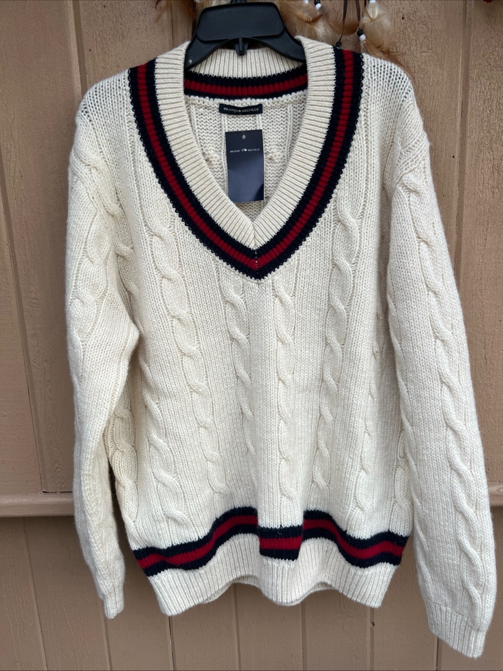BRANDY MELVILLE Wool Sweater ONE SIZE Cricket Cable Knit V-Neck Preppy College
